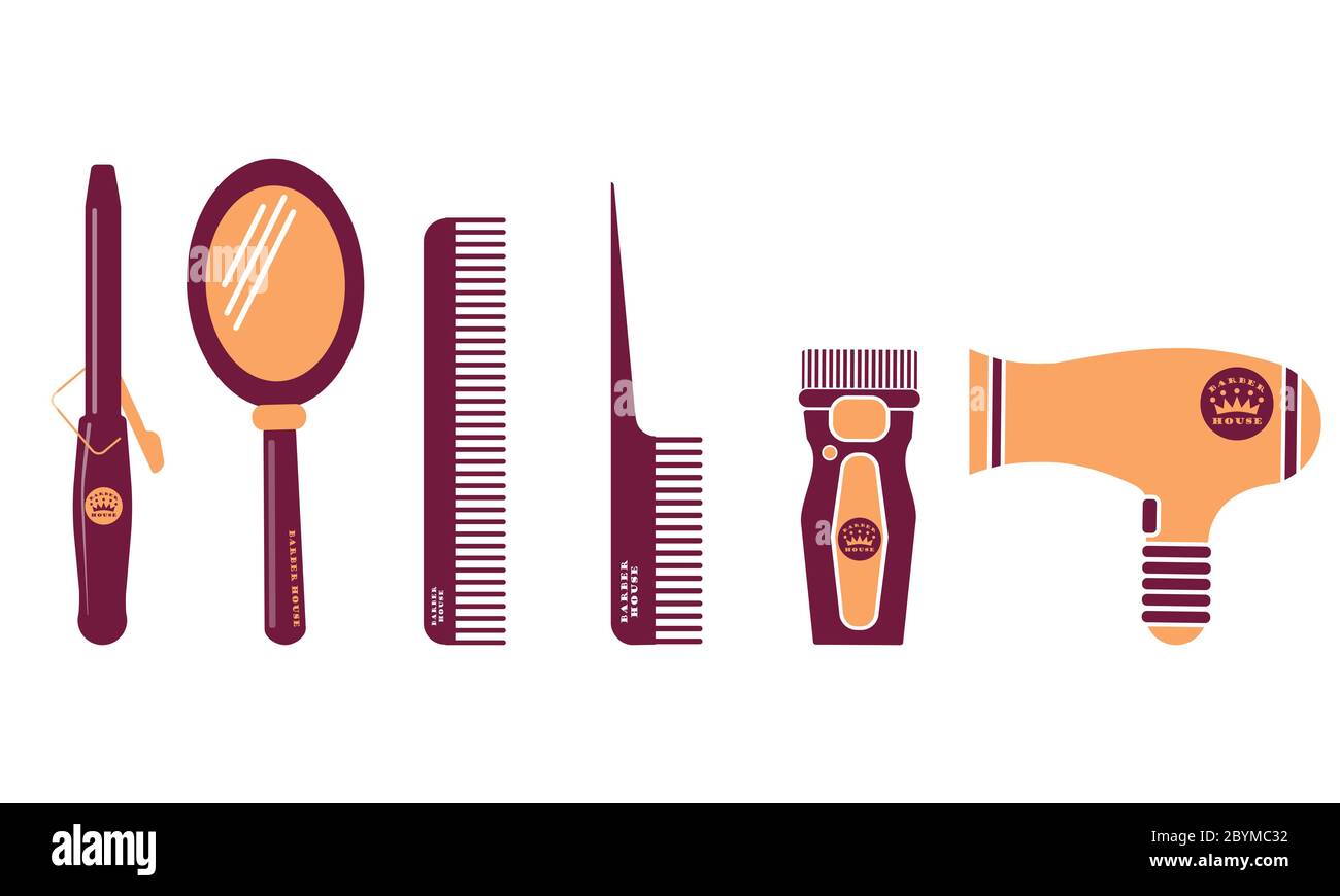 Friseur und Friseur flat Icon Set. Schönheitssalon. Kamm, Spiegel, Schere, Lockenstab, Klipper Design Symbol auf weißem Hintergrund. Vektor-Folge Stock Vektor