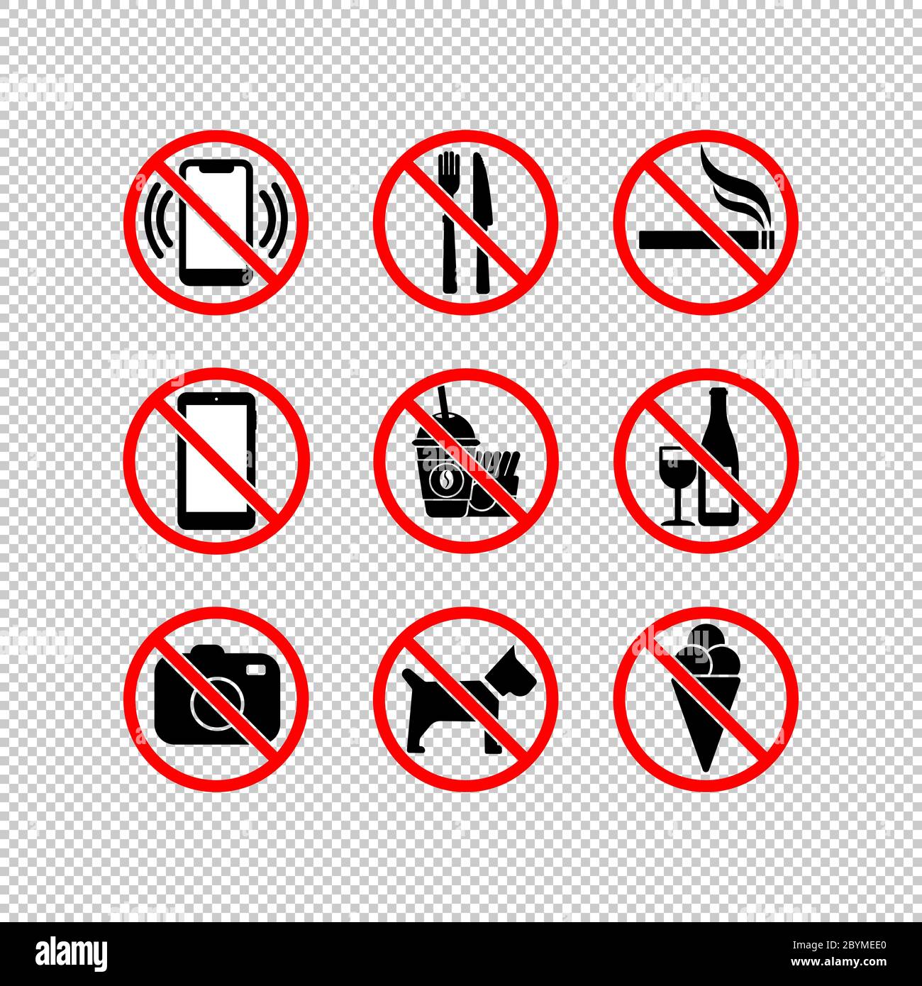 Kein Handy, keine Kamera, Eis, Rauchen aufhören, essen, keine Hunde, kein Alkohol trinken, Fast-Food-Symbol in schwarz und rot gesetzt. Unzulässiges Symbol einfach ein Stock Vektor