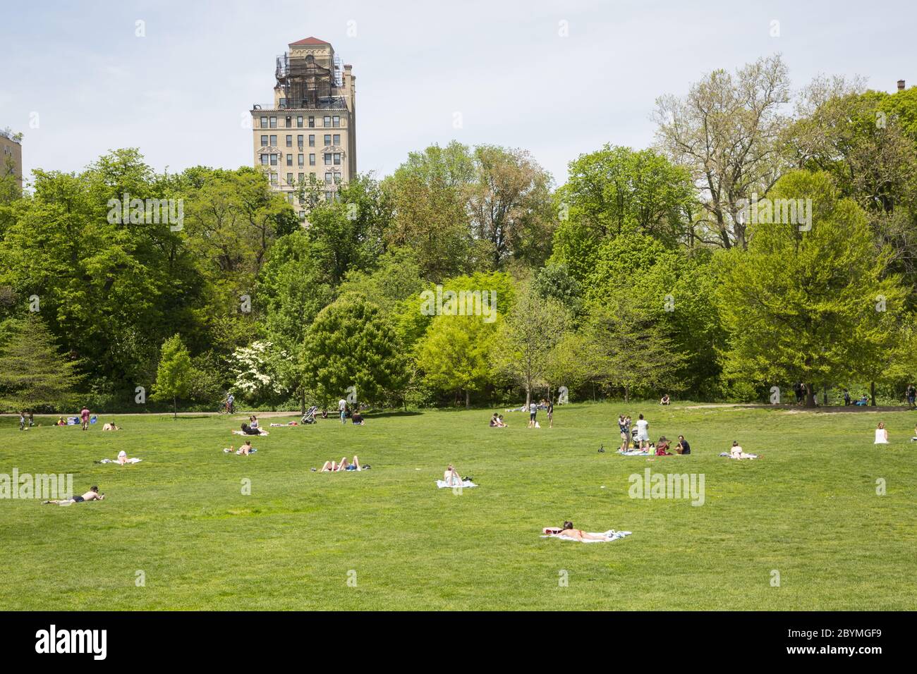 Die Menschen bekommen während der Coronavirus Covid-19 Pandemie etwas Sonne und Luft, während sie sich sozial distanzieren. Prospect Park, Brooklyn, New York. Stockfoto