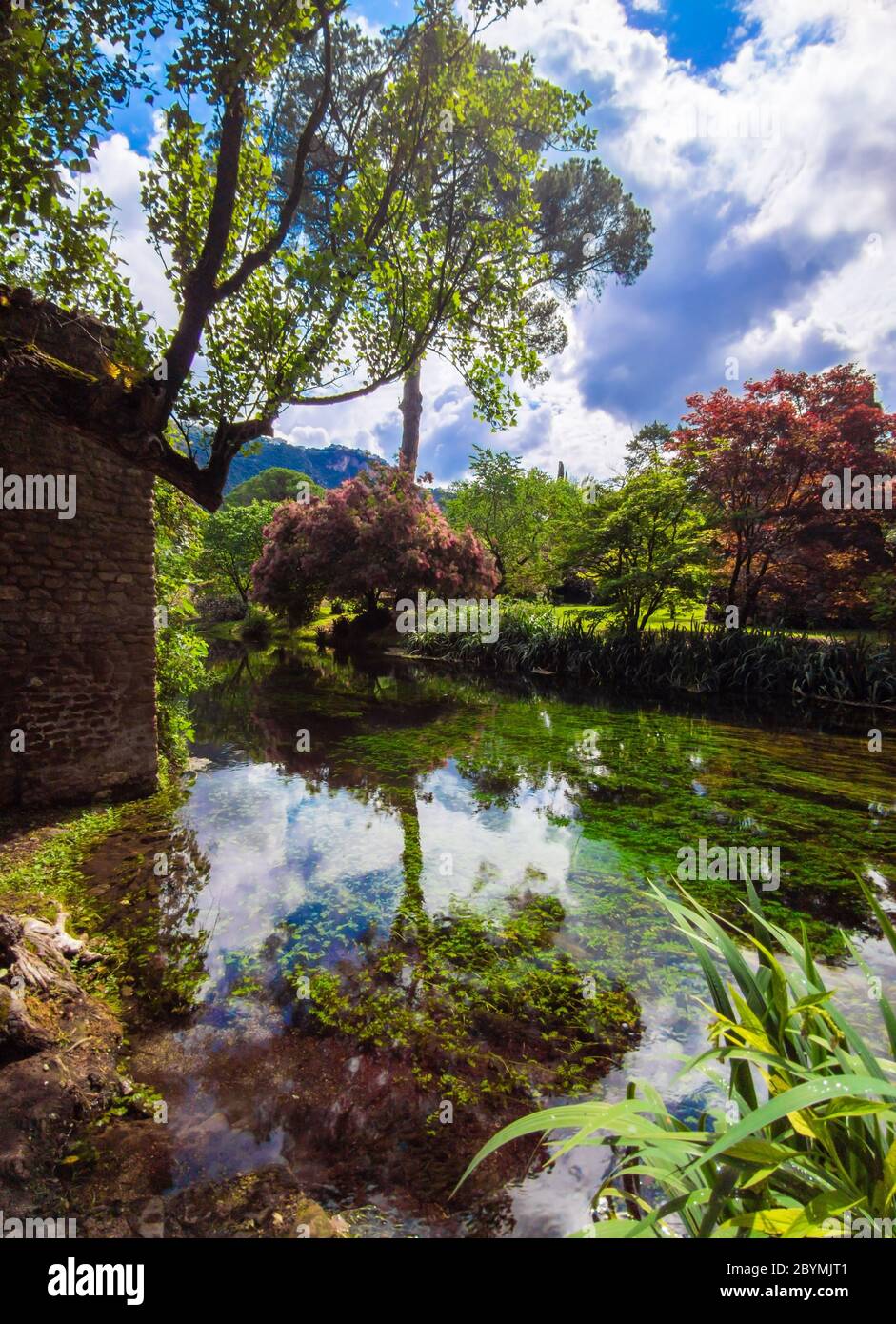 Garten von Ninfa (Italien) - EIN Naturdenkmal mit mittelalterlichen Ruinen in Stein, Blumen Park und ein ehrfürchtiges Wildbach mit wenig Herbst. Provinz Latina. Stockfoto