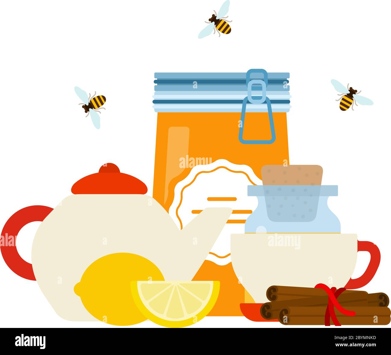 Teekocher, Honigtopf mit Deckel auf Schloss, Zitrone, Zimt, Glas mit Kork und fliegende Bienen flach isoliert Stock Vektor