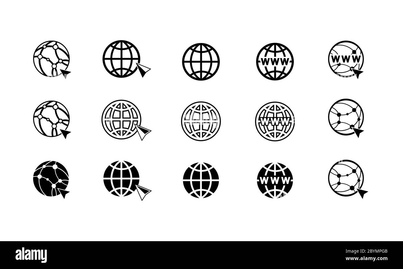 World Wide Web Konzept Globus Internet-Icons mit Cursor oder Maus pointe gesetzt. WWW-Symbol auf isoliertem weißen Hintergrund für Anwendungen, Web, App Stock Vektor