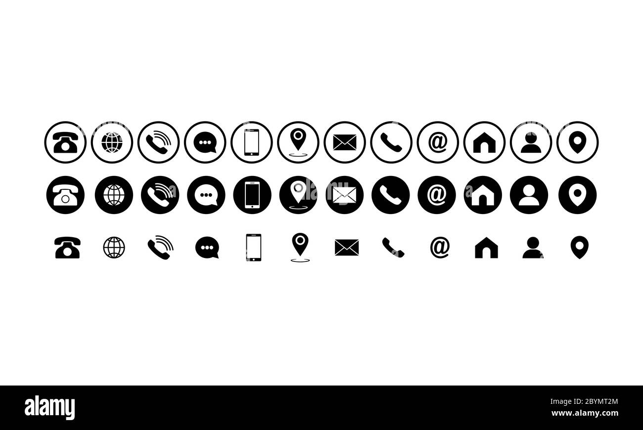 Satz von Kommunikationssymbolen. Telefon, Mobiltelefon, Retro-Telefon, Standort, E-Mail und Website-Symbole auf isoliertem weißem Hintergrund für Anwendungen Stock Vektor