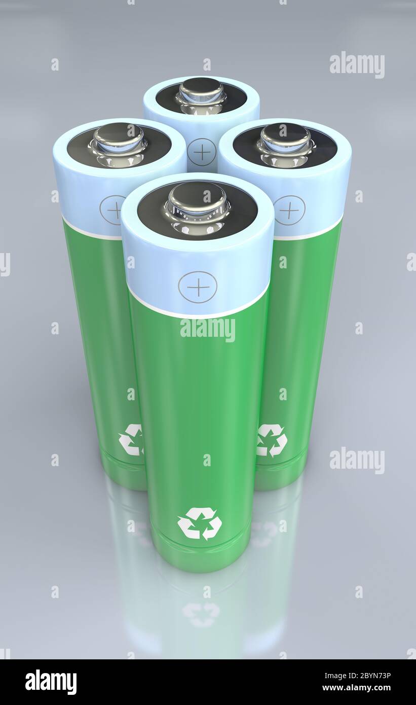 3d-Darstellung von vier stehenden grünen und blauen Batterien mit Recycling-Symbol Stockfoto