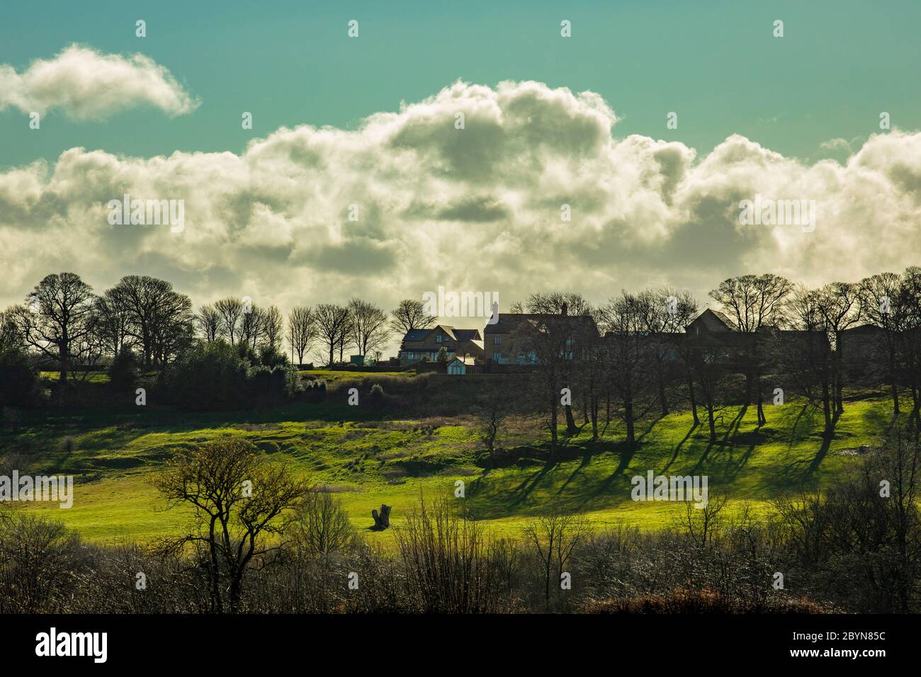 Nasse Felder in der englischen Landschaft (enge Aufnahme von Feld und Himmel) Stockfoto