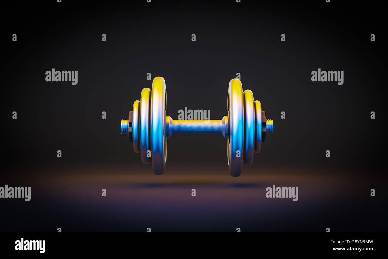 Hantel Fitness in verchromtem Stahl. Niemand da. Fitness- und Sportkonzept. 3d-Rendern. Stockfoto