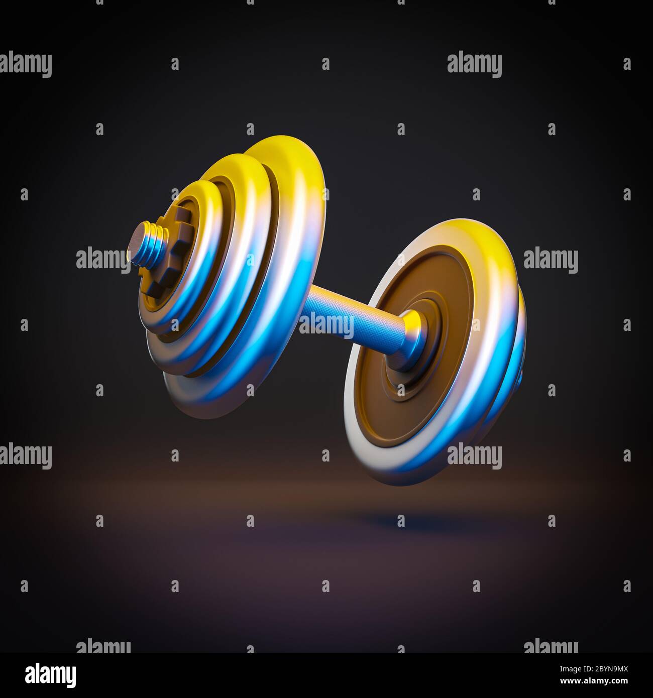 Hantel Fitness in verchromtem Stahl. Niemand da. Fitness- und Sportkonzept. 3d-Rendern. Stockfoto