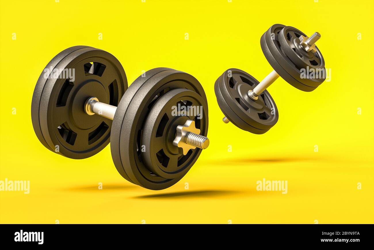 Klassische Hanteln auf gelbem Hintergrund. 3d-Rendering. Niemand da, Sport- und Fitnesskonzept. Stockfoto