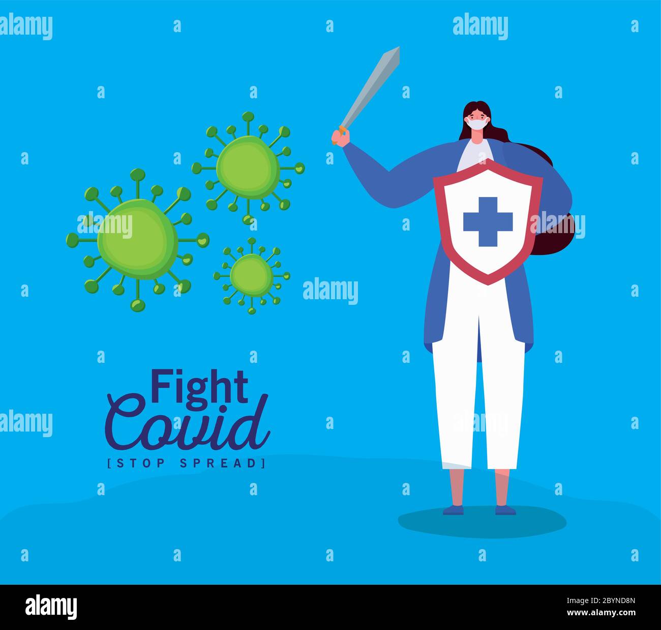 Frau mit Maske Schwert und Schild mit Kreuz Design des Kampfes covid 19 Virus und stoppen Verbreitung Thema Vektor-Illustration Stock Vektor