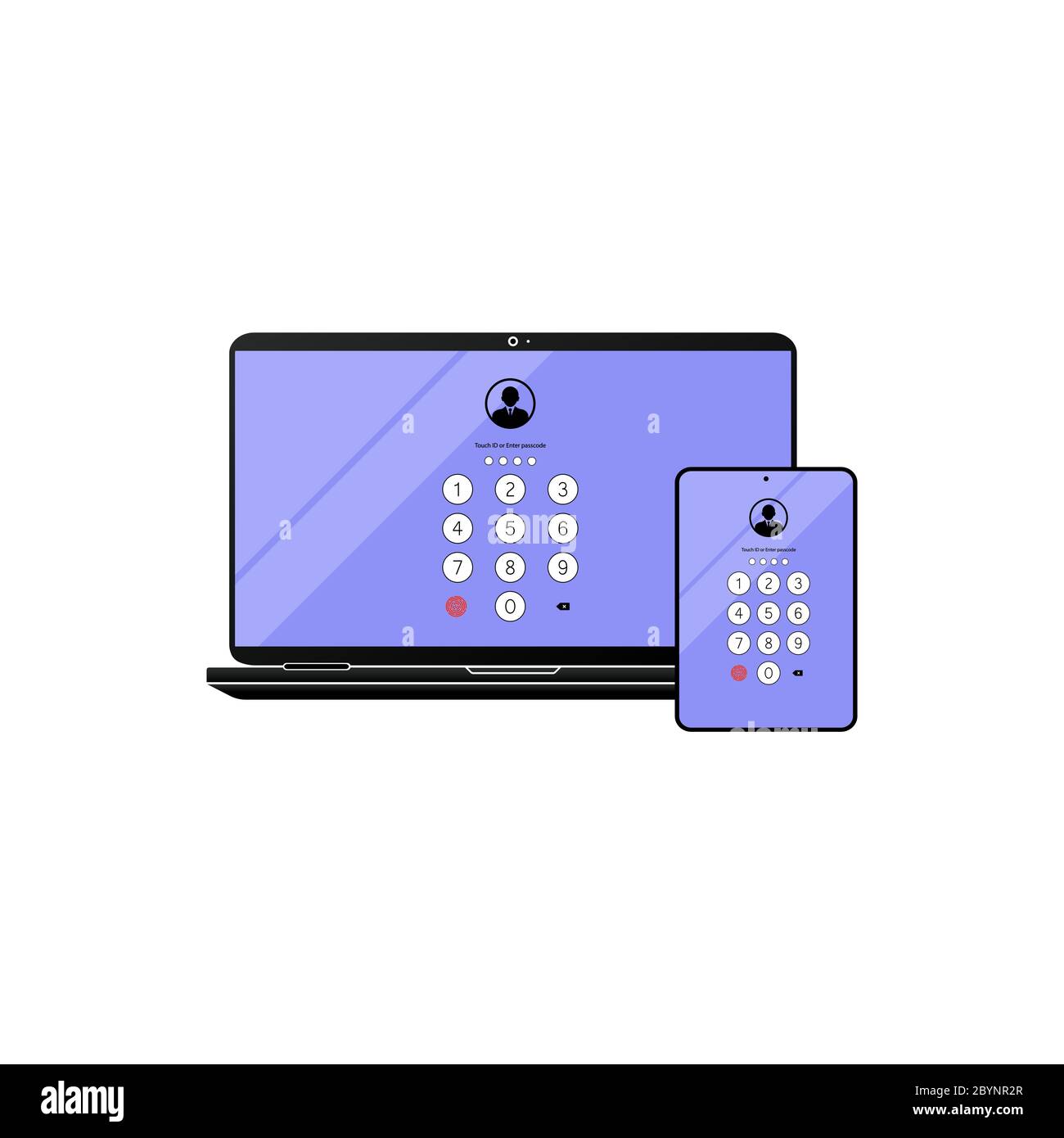 Berühren Sie ID, oder geben Sie Passcode, Passwort, Schnittstelle auf Laptop, Desktop, Computer, Tablet-Symbol flach auf isoliertem weißem Hintergrund. Vektor EPS 10. Stock Vektor
