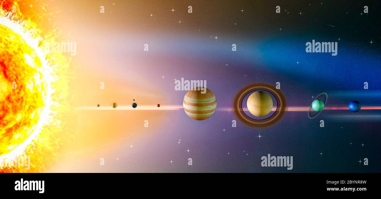 Planeten des Sonnensystems, Sonne, Merkur, Venus, Erde, Mond, Mars, Jupiter, Saturn, Uranus, Neptun. Asteroidengürtel und Kuipergürtel. NASA-Elemente Stockfoto