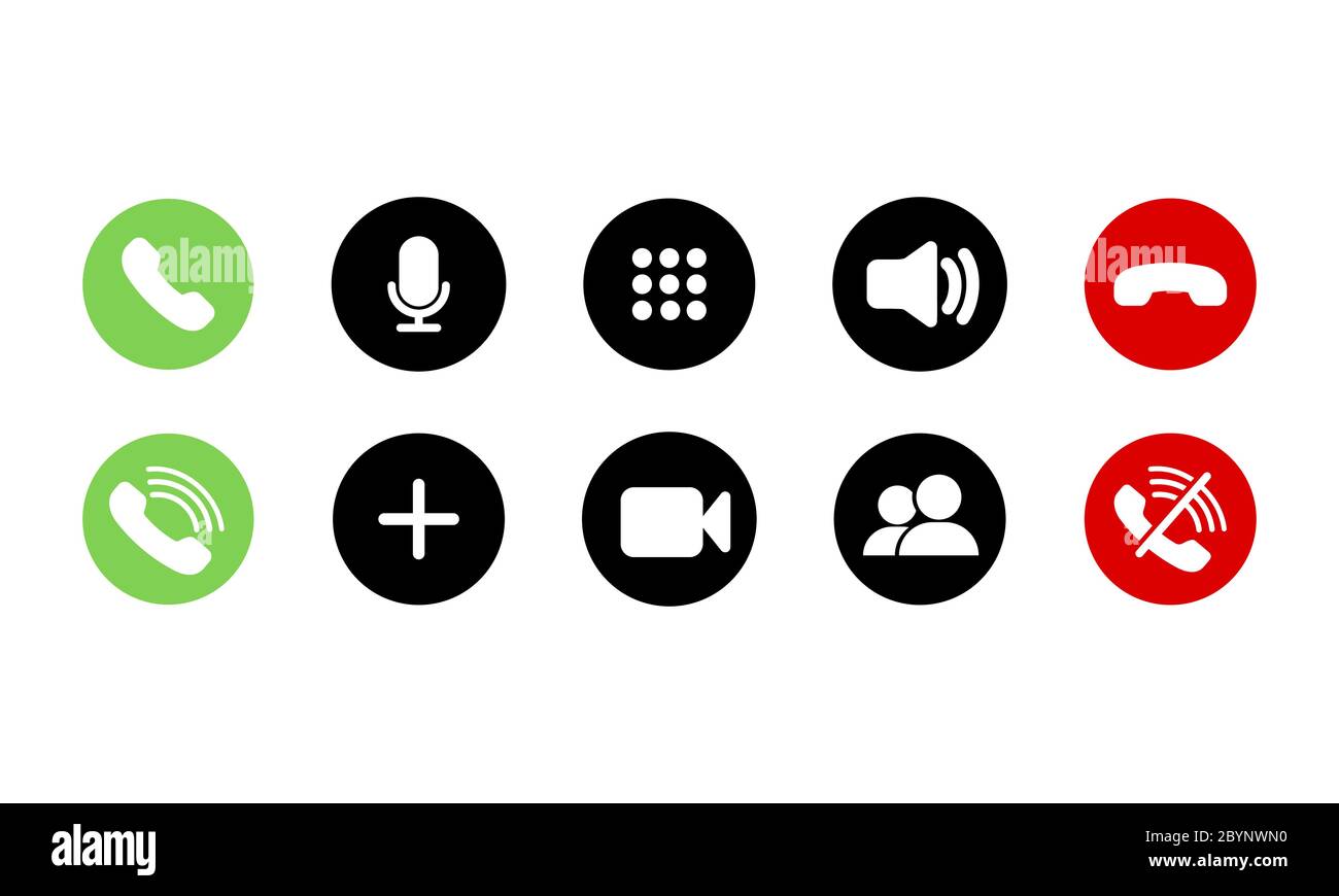 Symbole für die Tasten für mobile Anrufe sind flach. Telefon, Ton, Mikrofon, Kamera, Anrufersymbole auf isoliertem weißem Hintergrund für Anwendungen, Web, App. Satz von Stock Vektor
