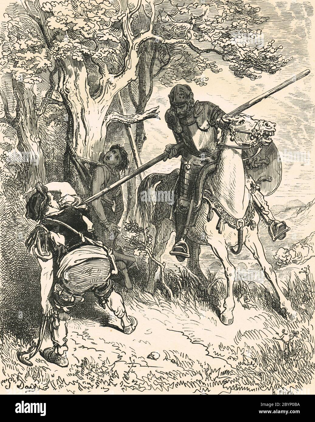Don Quixote befreiender Junge namens Andres, an einen Baum gebunden, von seinem Meister geschlagen. Illustration von Gustave Dore Stockfoto