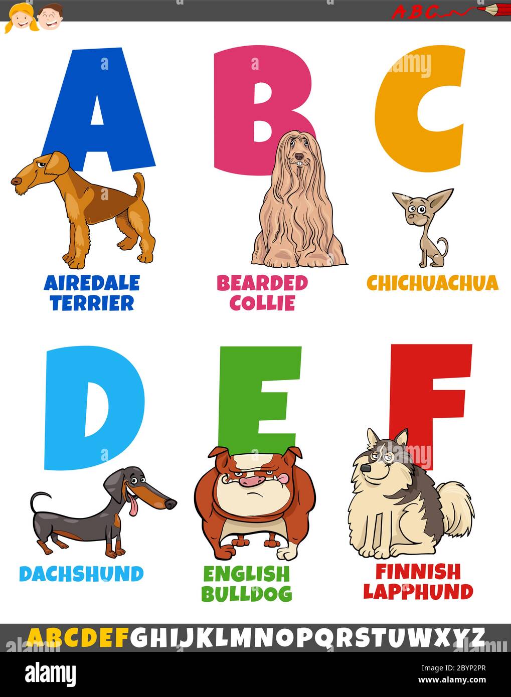 Cartoon Illustration von bunten Alphabet Set von Buchstabe A bis F mit Comic reinrassige Hunde Tierfiguren Stock Vektor