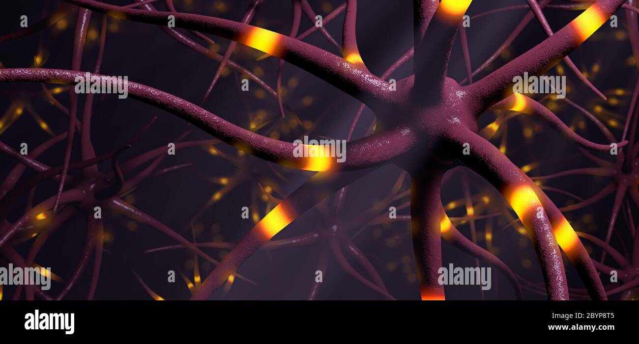 Nahaufnahme auf Übertragung von Gehirnzellen oder Neuron - 3d-Illustration Stockfoto
