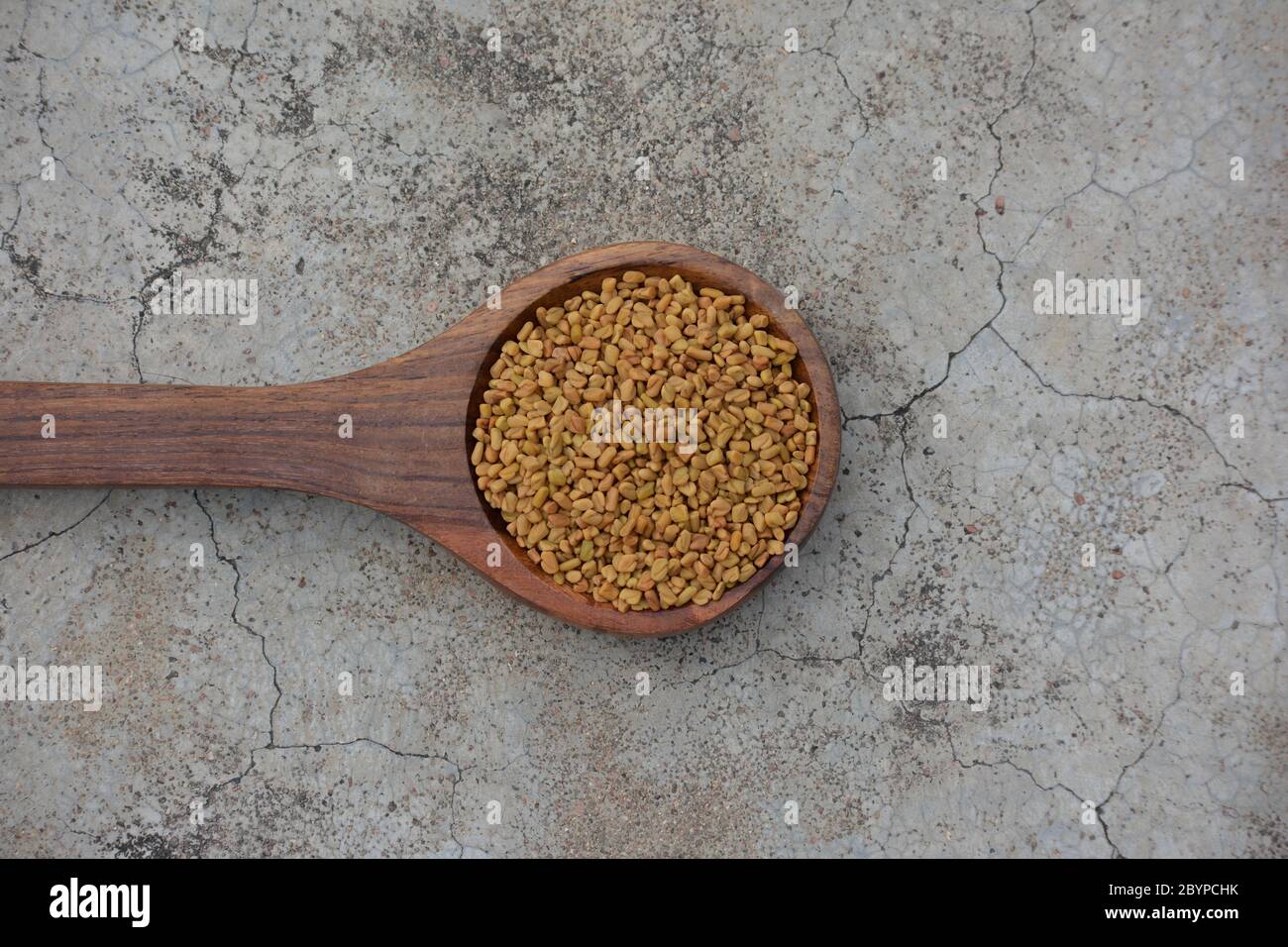 Bockshornkleesamen in Holzlöffel auf geknackten Beton Textur Hintergrund Stockfoto