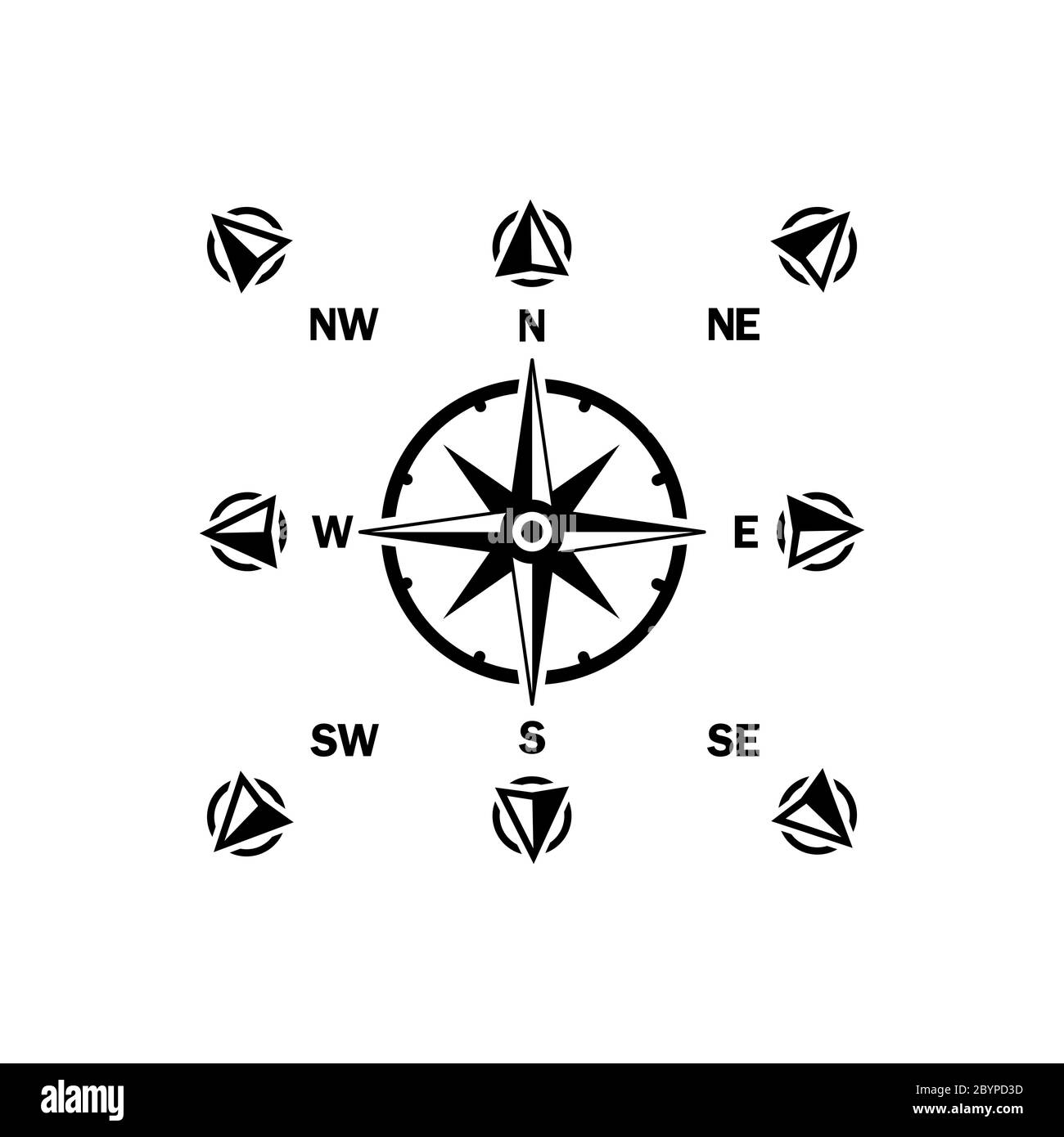 Kompass, schwarzes Windrose-Symbol auf isoliertem Hintergrund. Vektor EPS 10 Stock Vektor