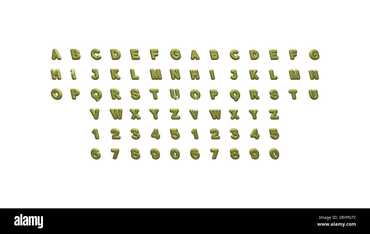 3D-Darstellung von einzelnen Buchstaben auf einer Wand aus weißem Hintergrund mit kalligraphischer Schrift und hellen Farben Stockfoto