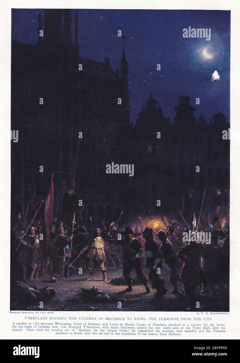 T'Serclaes, die die Bürger von Brüssel aufrütteln, um die Flamen aus der Stadt zu vertreiben - Gemälde von W. S. Bagdatopulos. Stockfoto