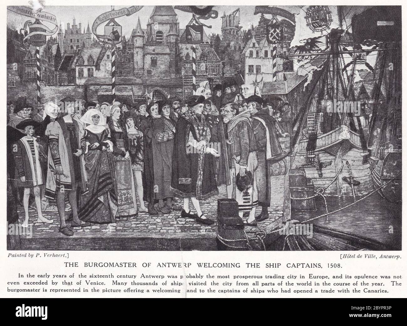 Der Burgomaster von Antwerpen begrüßt die Schiffskapitänen 1508 - Gemälde von P. Verhaert. Stockfoto