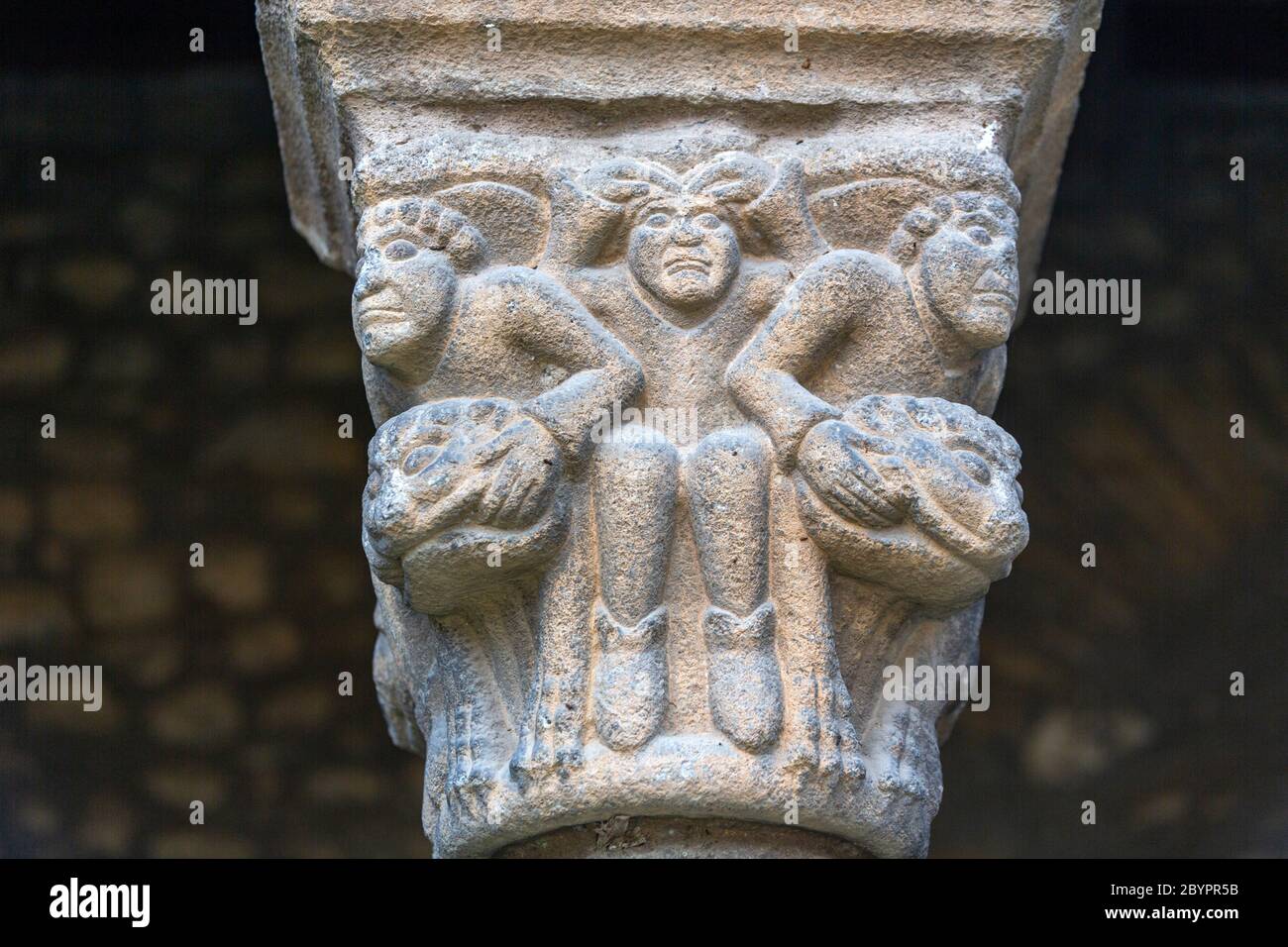 Kreuzgang mit geschnitzten Figuren in der Hauptstadt der Säulen, La Seu d'Urgell Kathedrale, Catedral de Santa Maria d'Urgell, Provinz Lleida, Katalonien, Spanien Stockfoto