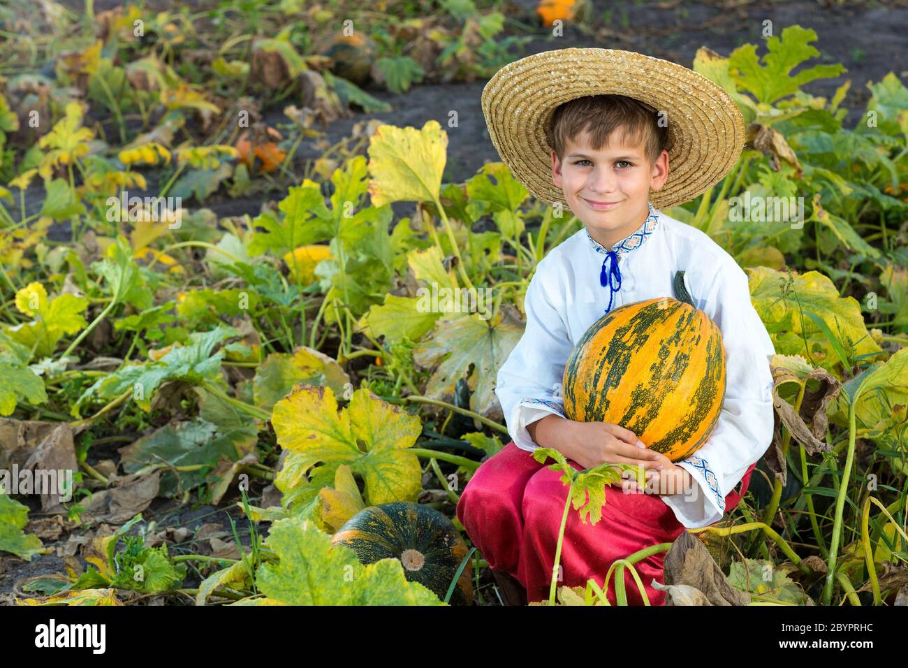 Lächelnder Junge mit großem gelben Kürbis in den Händen Stockfoto
