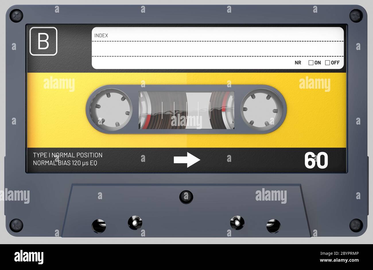 3d-Darstellung einer schwarzen Audiokassette mit Aufkleber und Etikett Stockfoto