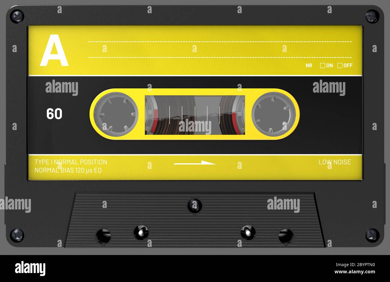 3d-Darstellung einer gelben und schwarzen Audiokassette mit Aufkleber und Etikett Stockfoto