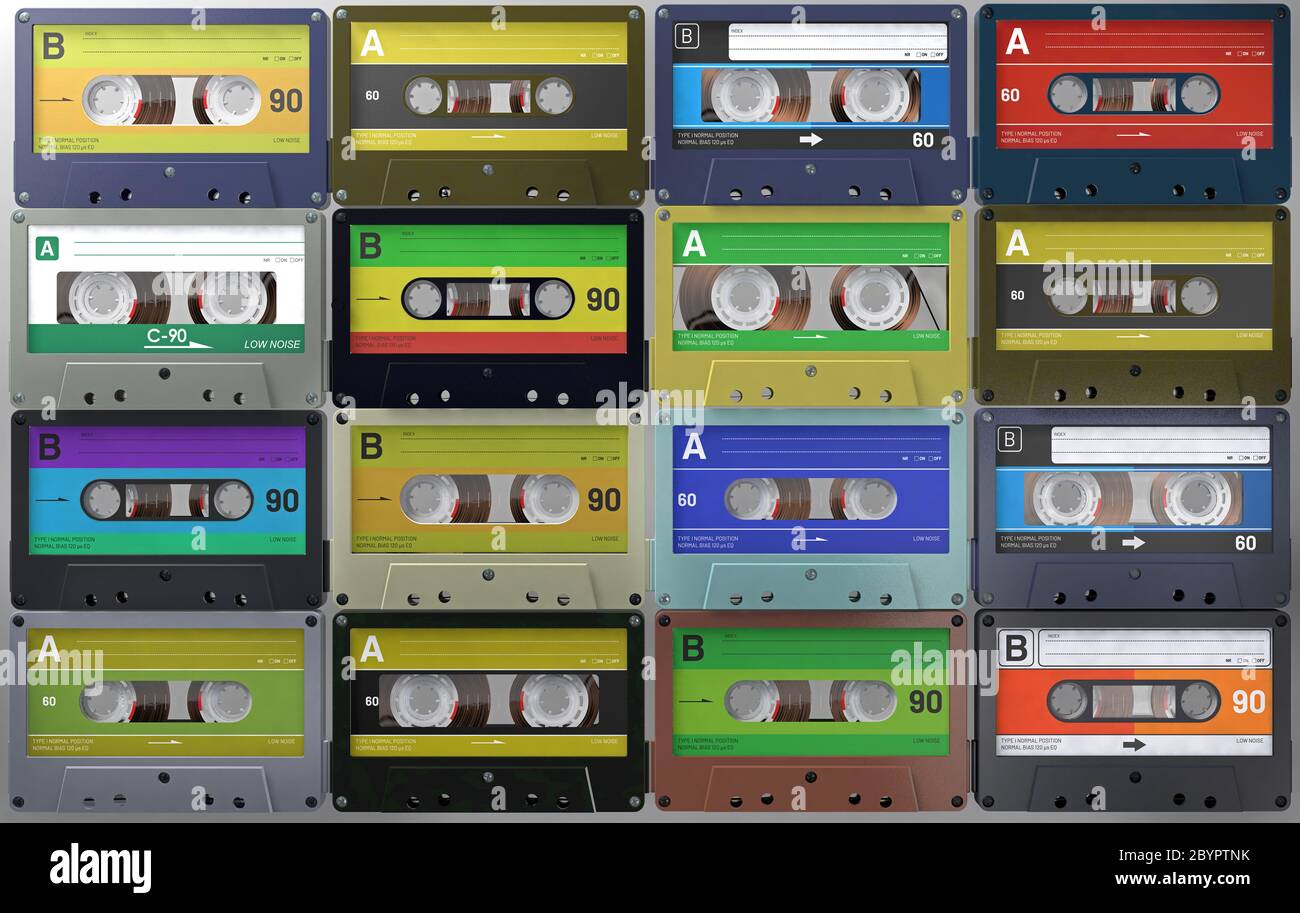 3d Illustration eine Menge Retro und Vintage Audio Kassetten oder Audio-Kassetten in verschiedenen farbigen Etiketten Stockfoto