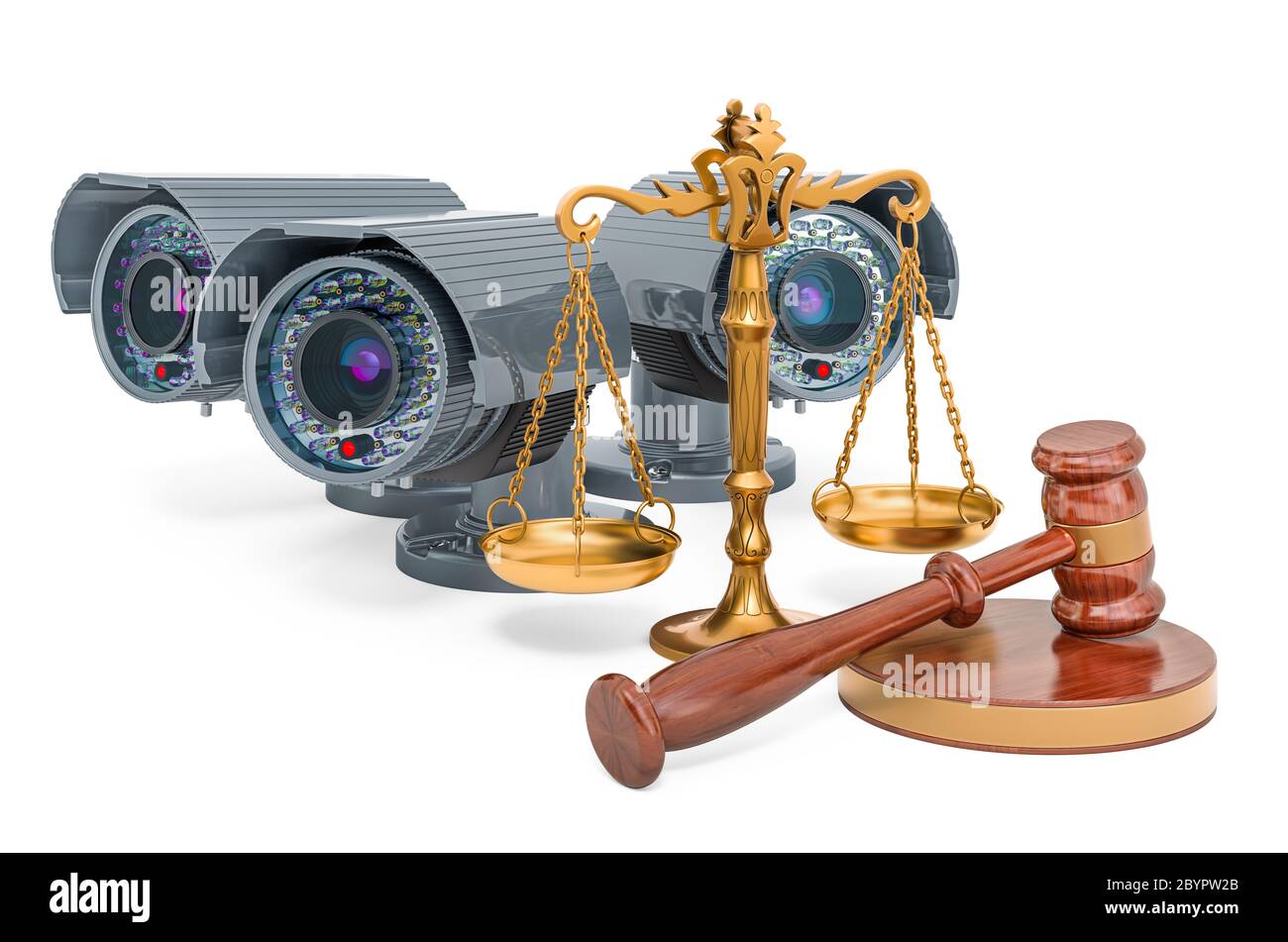 Überwachungskameras mit Holzschaufel und Waagen der Gerechtigkeit. 3D-Rendering auf weißem Hintergrund isoliert Stockfoto