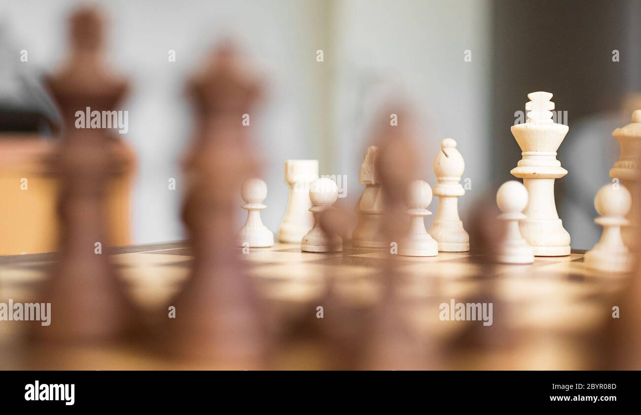 Schachfiguren von hinten, bevor das Spiel beginnt. Verschwommener Vordergrund Stockfoto