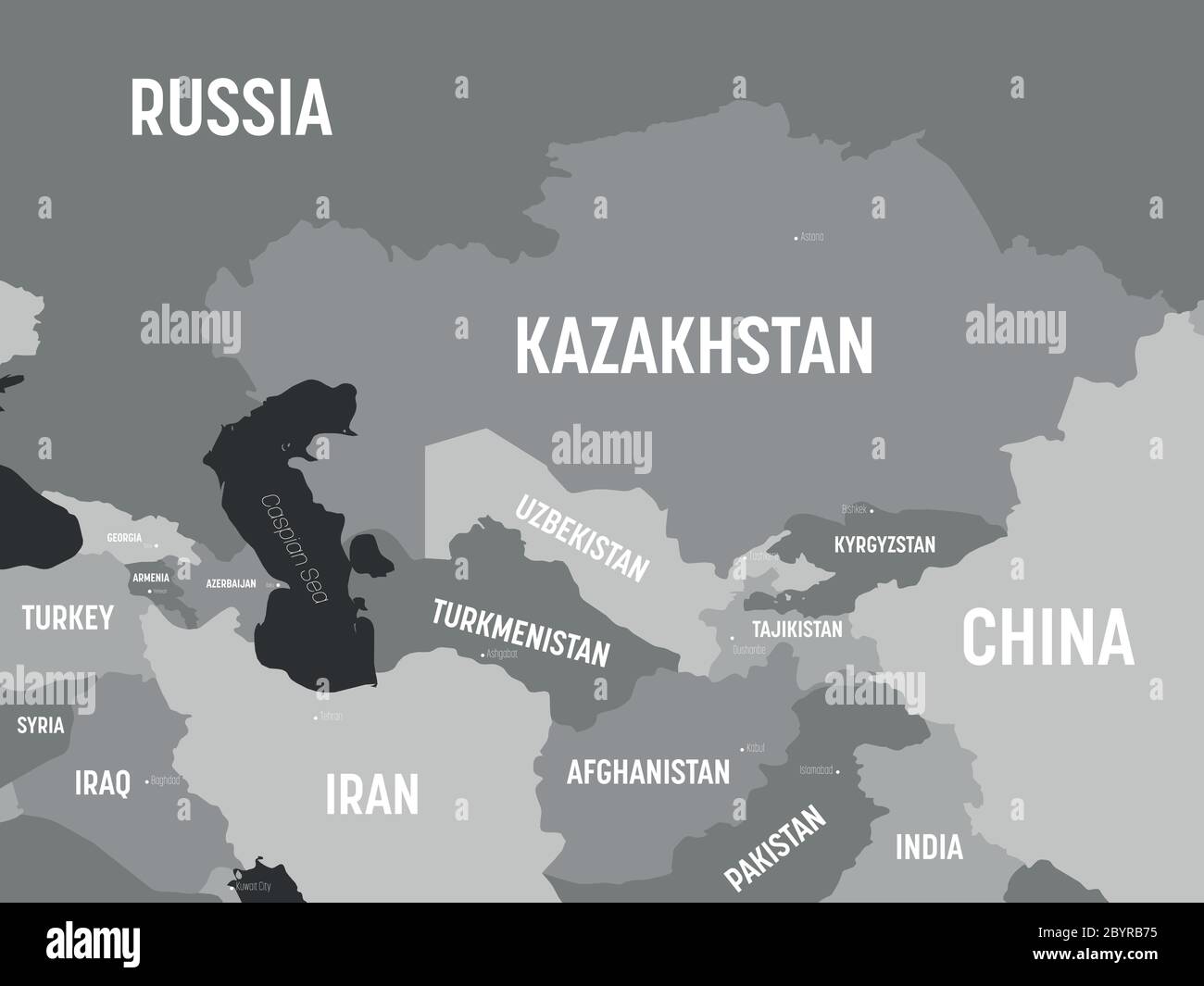Zentralasien Karte - graufarbig auf dunklem Hintergrund. Detaillierte politische Karte der zentralasiatischen Region mit Land-, Kapital-, Meer- und Meeresnamen. Stock Vektor