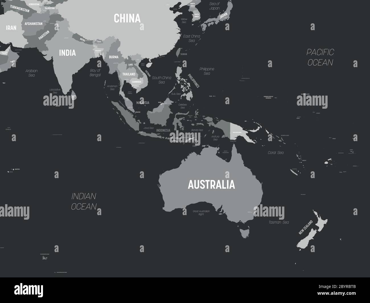 Australien und Südostasien Karte - grau gefärbt auf dunklem Hintergrund. Detaillierte politische Karte der australischen und südöstlichen Asien-Region mit Land-, Kapital-, Meer- und Meeresnamen. Stock Vektor