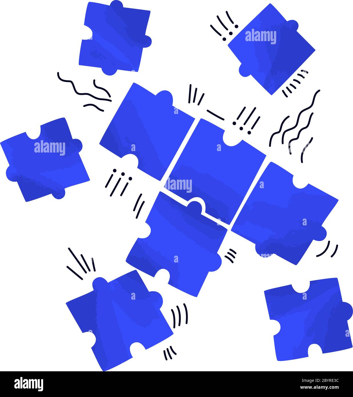 Vektor flache Illustration von mehreren Puzzles, Streuung auf weißem Raum. Problembehebung, Puzzle-Konzept - Teamwork für den geschäftlichen Erfolg Stock Vektor