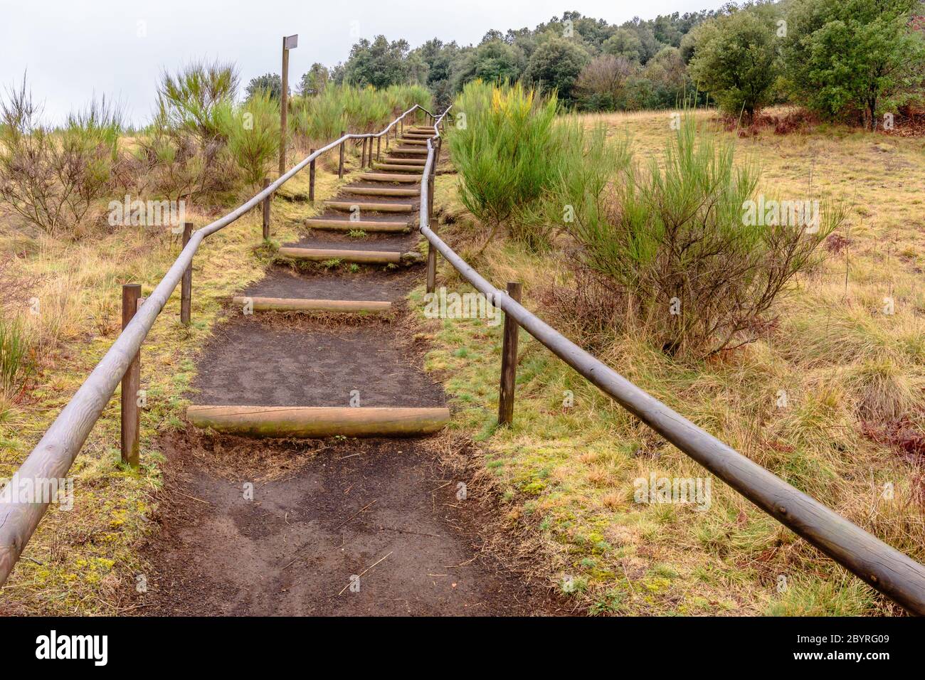 Weg auf dem Land, am Vulkan Croscat (Provinz Garrotxa Naturpark, Katalonien, Spanien) Stockfoto