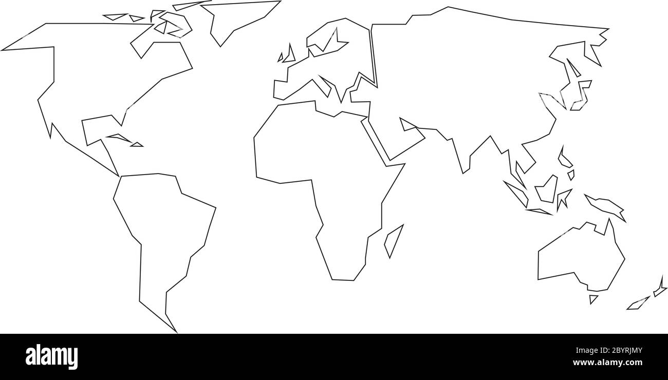 Vereinfachte schwarze Umrisse der Weltkarte, die auf sechs Kontinente aufgeteilt ist. Einfache flache Vektorgrafik auf weißem Hintergrund. Stock Vektor