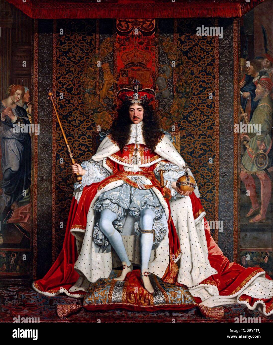 König Charles II., Krönungsbildnis: Charles wurde am 23. April 1661 in der Westminster Abbey von John Michael Wright gekrönt. Charles II (1630 – 1685) König von England, Schottland und Irland. Er war König von Schottland von 1649 bis zu seiner Absetzung im Jahr 1651, und König von England, Schottland und Irland von der Restaurierung der Monarchie 1660 bis zu seinem Tod im Jahr 1685. Stockfoto