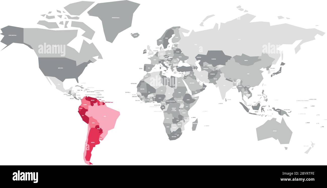 Karte der Welt in grauen Farben mit rot markierten Ländern Südamerikas. Vektorgrafik. Stock Vektor