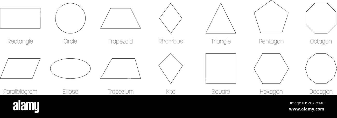 Geometrische Formen mit Beschriftungen. Set von 14 Grundformen. Einfache flache Vektorgrafik. Stock Vektor