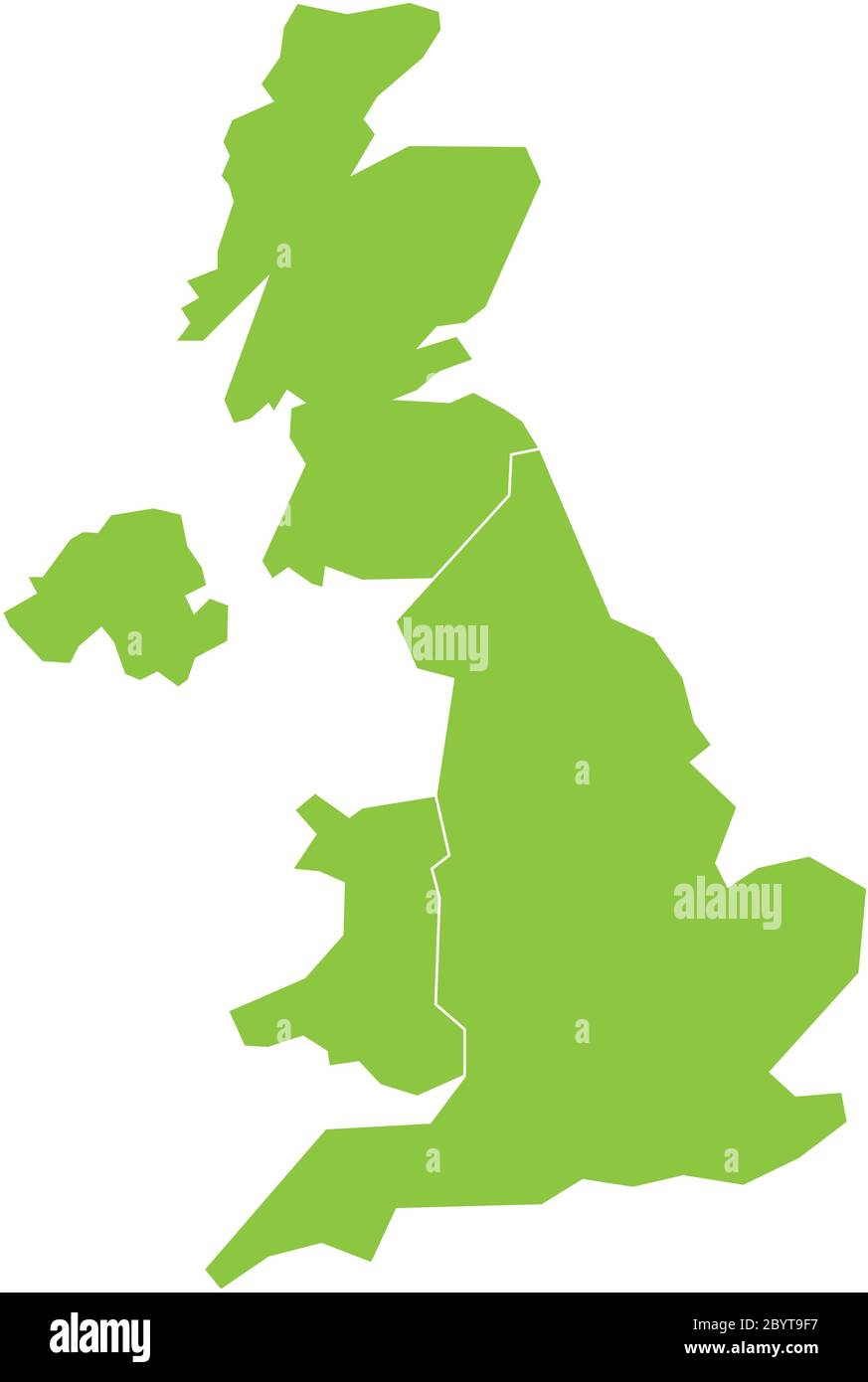 Großbritannien, Großbritannien, Großbritannien und Nordirland Karte. Aufgeteilt in vier Länder - England, Wales, Schottland und NI. Einfache flache grüne Vektorgrafik. Stock Vektor
