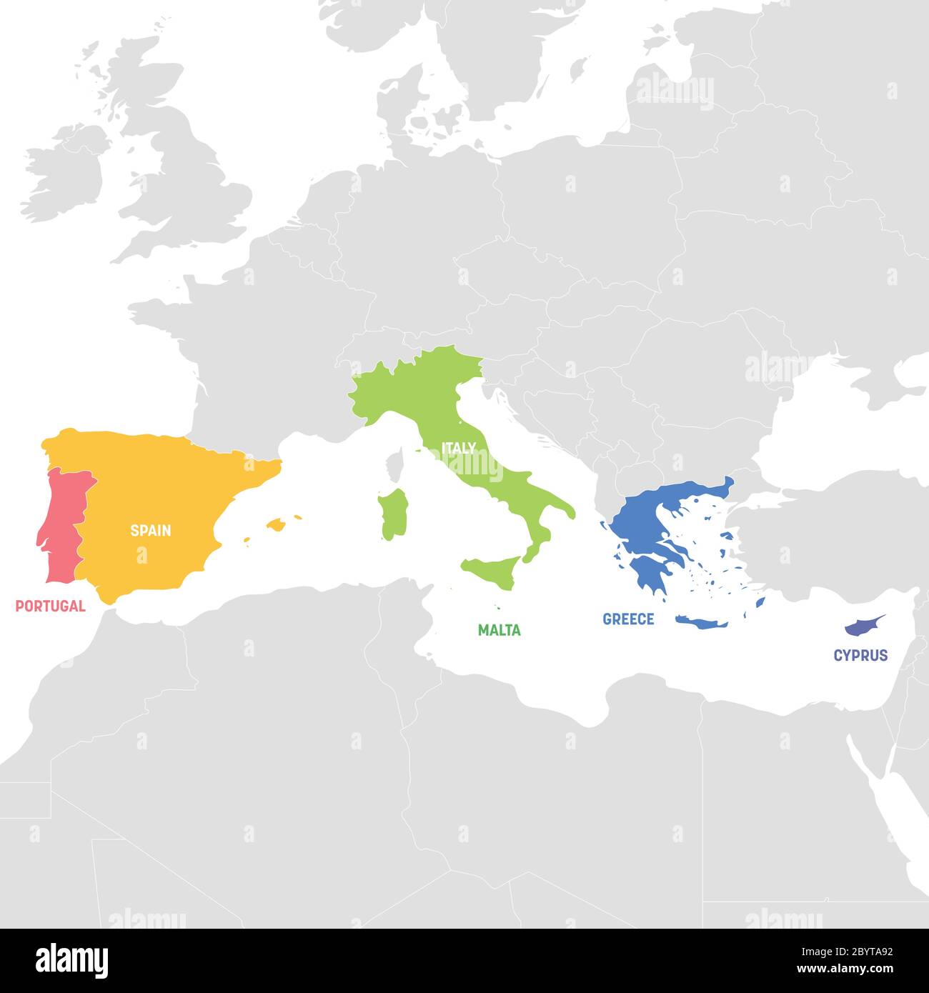 Region Südeuropa. Bunte Karte der Länder in Südeuropa rund um das Mittelmeer. Vektorgrafik. Stock Vektor