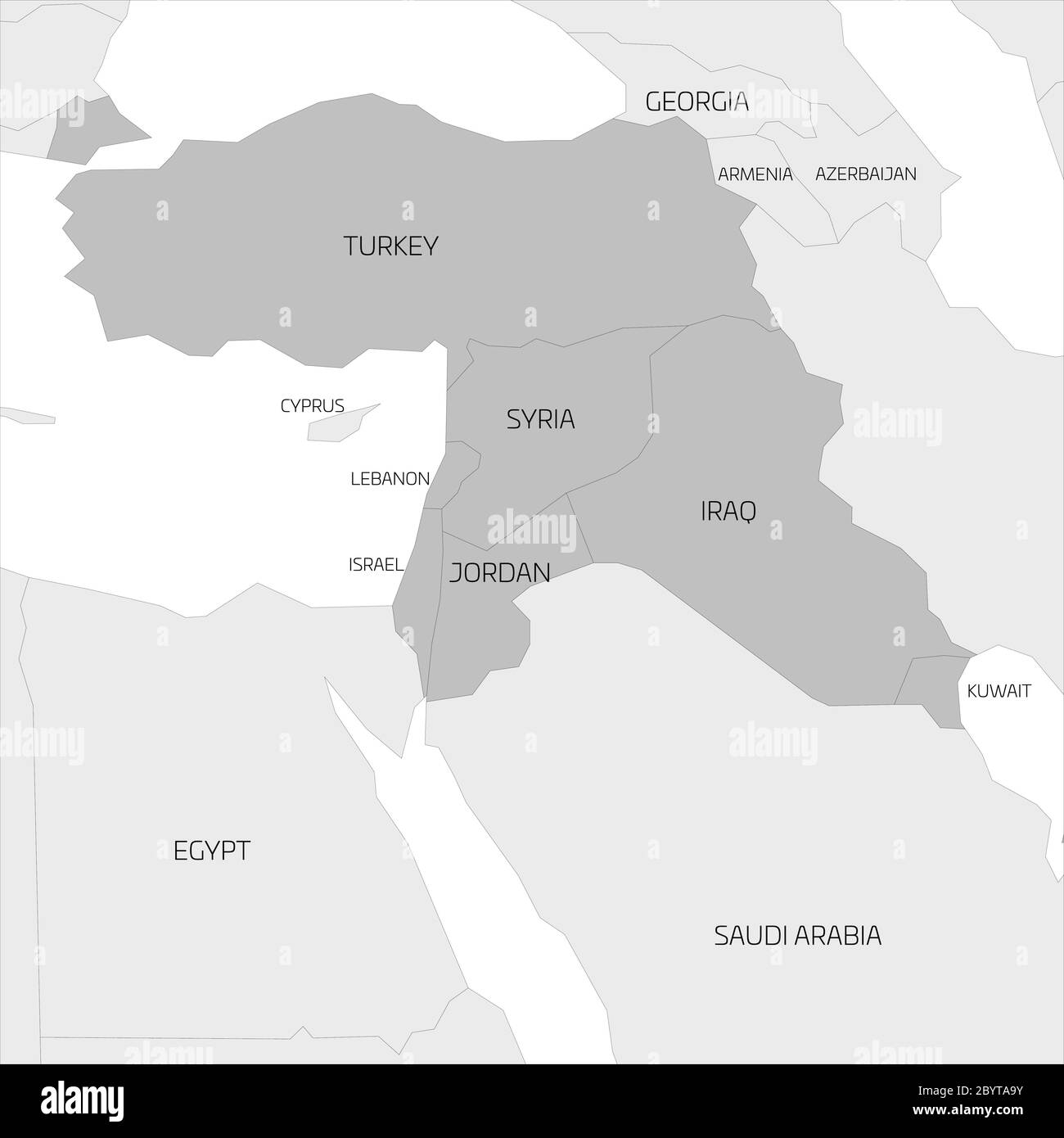 Karte der transkontinentalen Region des Nahen Ostens oder des Nahen Ostens mit Hervorhebung der Türkei, Syrien, Irak, Jordanien, Libanon und Israel. Flache graue Karte mit dünnen schwarzen Bordüren. Stock Vektor