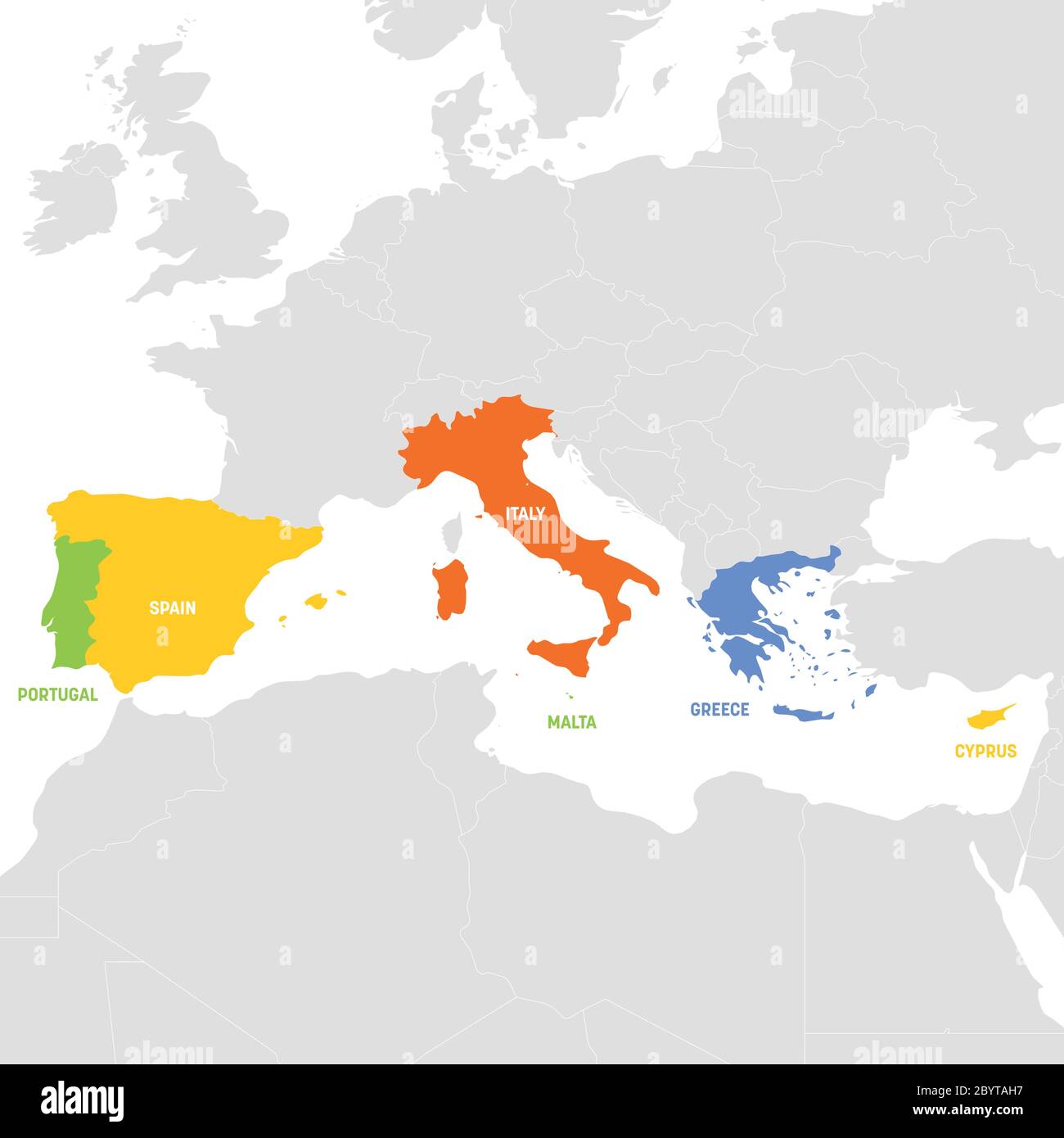 Region Südeuropa. Karte der Länder in Südeuropa rund um das Mittelmeer. Vektorgrafik. Stock Vektor
