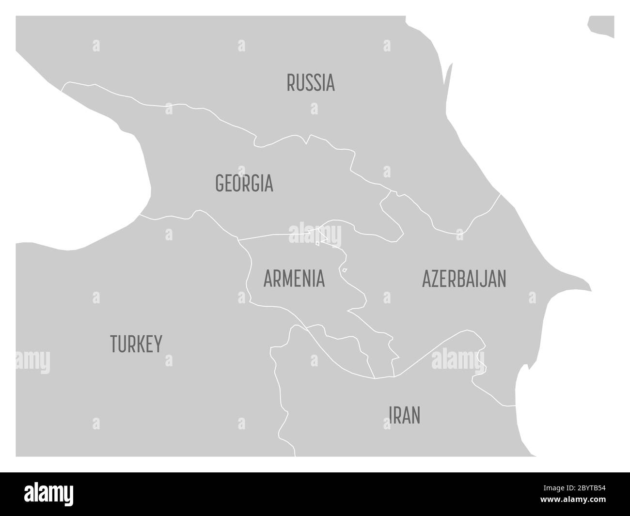 Karte der kaukasischen Region mit Staaten von Georgien, Armenien, Aserbaidschan, Russland Türkei und Iran. Flache graue Karte mit weißen Ländergrenzen. Stock Vektor
