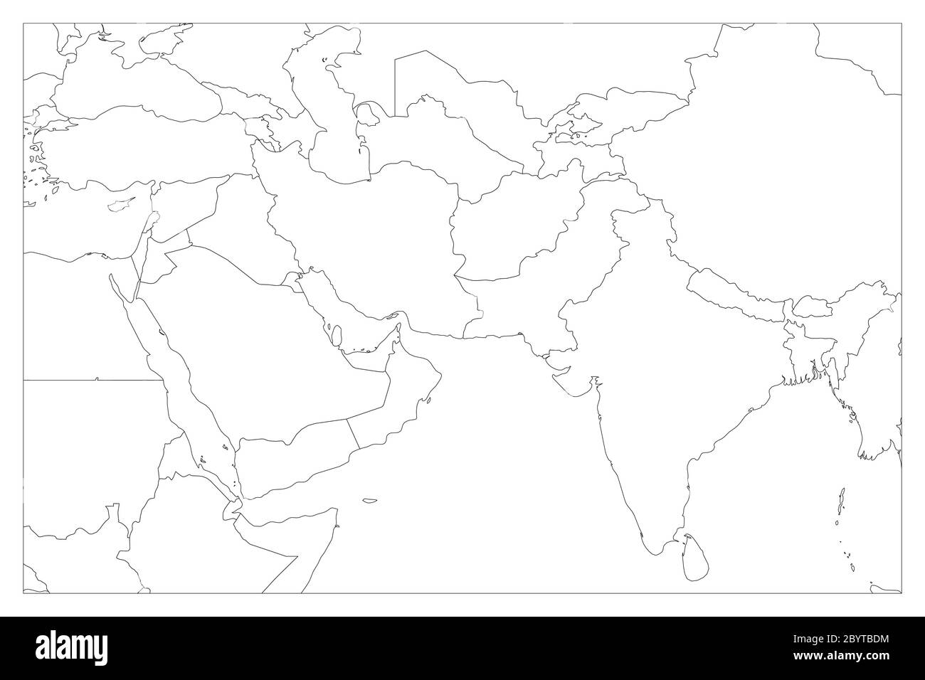 Politische Karte von Südasien und Ländern des Nahen Ostens. Einfache flache Vektorskizze. Stock Vektor