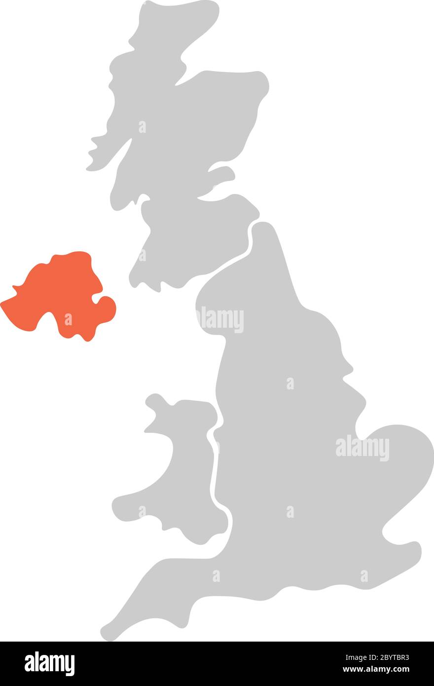 Vereinfachte, handgezeichnete, leere Karte des Vereinigten Königreichs von Großbritannien und Nordirland, Großbritannien. Aufgeteilt in vier Länder, wobei Nordirland rot hervorgehoben ist. Einfache flache Vektorgrafik. Stock Vektor