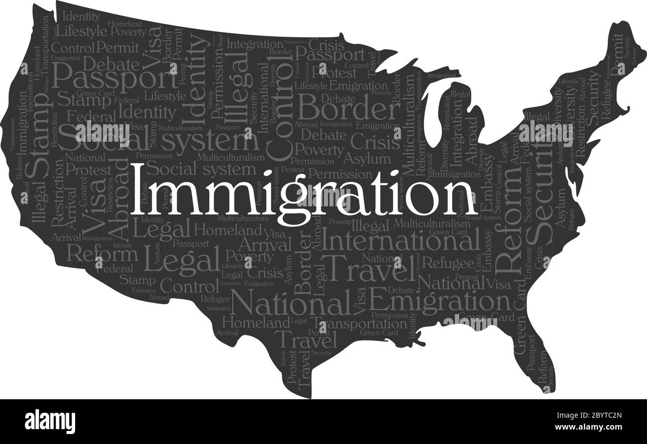 Immigration Wort Wolke Konzept in Form von United States Silhouette. Dunkelgrauer Text auf grauer Karte mit hellem Einwanderungswort Stock Vektor