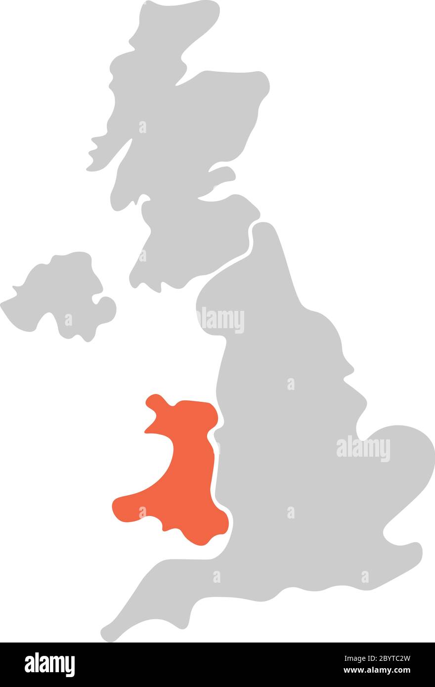 Vereinfachte, handgezeichnete, leere Karte des Vereinigten Königreichs von Großbritannien und Nordirland, Großbritannien. Aufgeteilt in vier Länder mit Wales rot hervorgehoben. Einfache flache Vektorgrafik. Stock Vektor