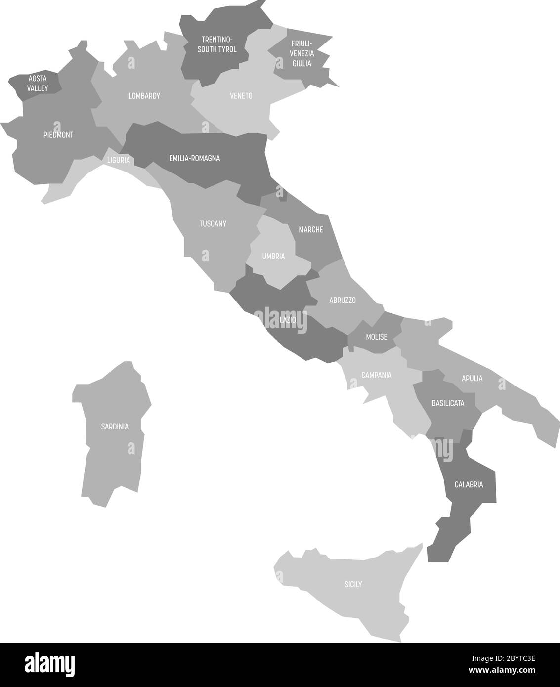 Karte von Italien in 20 Verwaltungsregionen in vier Grautönen unterteilt. Weiße Etiketten. Einfache flache Vektorgrafik. Stock Vektor
