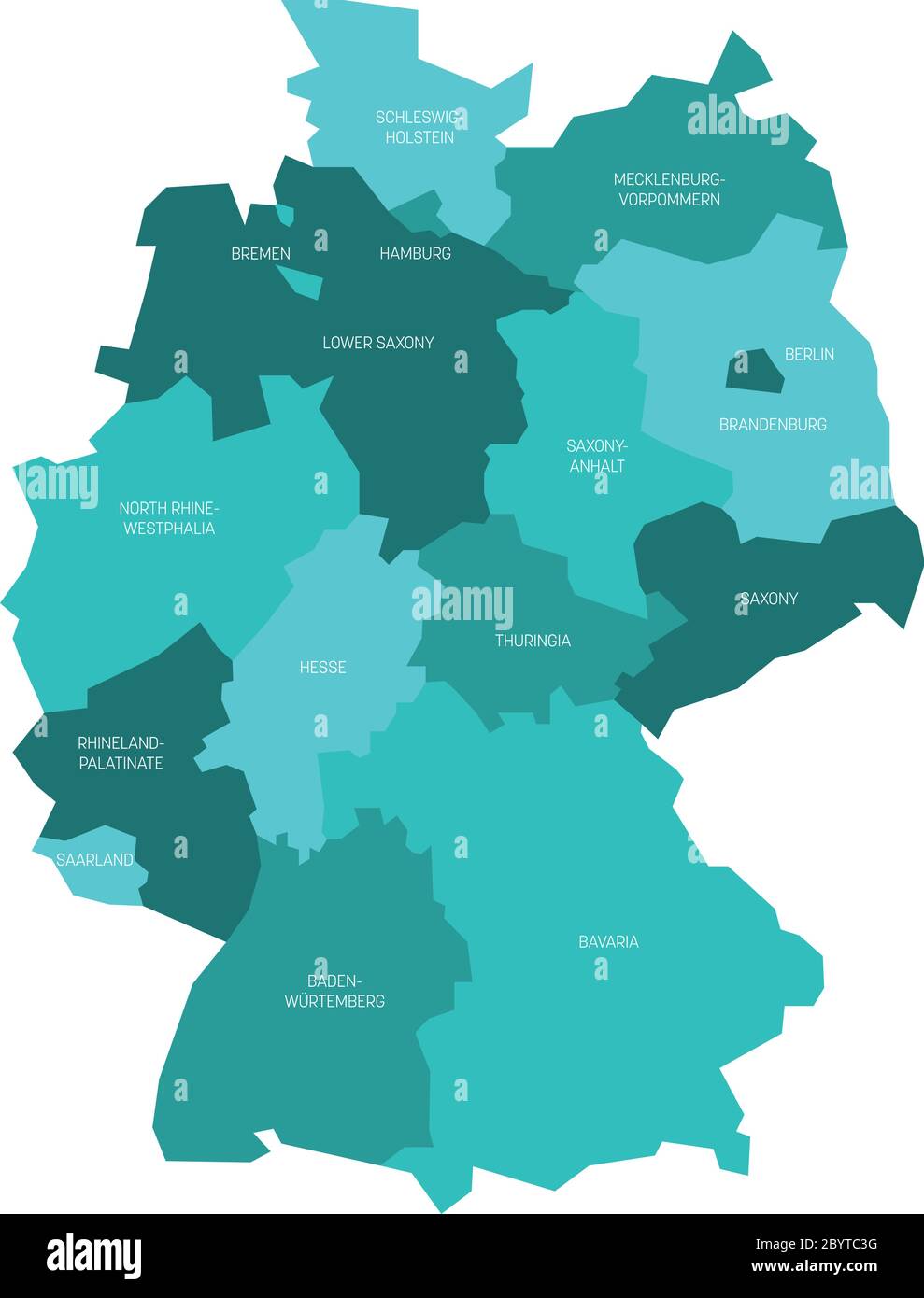 Karte von Deutschland aufgeteilt in 13 Bundesländer und 3 Stadtstaaten - Berlin, Bremen und Hamburg, Europa. Einfache flache Vektorkarte in Türkisblau. Stock Vektor